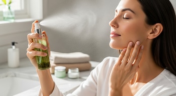 Mujer con los ojos cerrados, aplicando un spray de té verde en su cara en un baño con encimera de mármol y luz natural, su mano toca suavemente la mejilla.