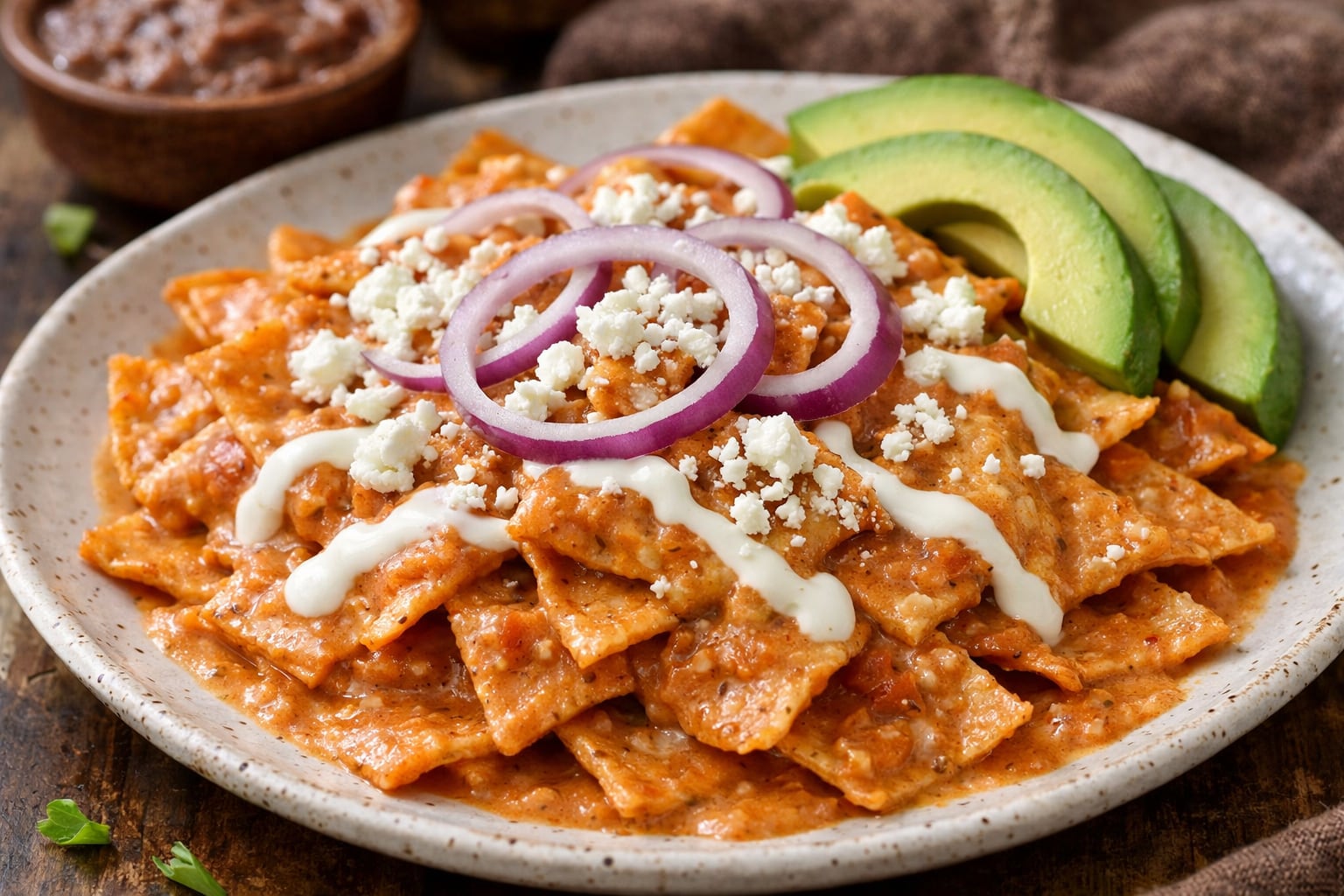 Un plato de chilaquiles con totopos bañados en salsa cremosa de chipotle, coronado con queso, cebolla morada y aguacate rebanado. (Imagen Ilustrativa Infobae)