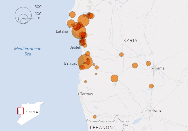 Las matanzas en la costa siria: cerca de 1500 alauitas sirios murieron en las masacres del 7 al 9 de marzo y decenas siguen desaparecidos. Reuters descubrió 40 lugares distintos donde se produjeron matanzas por venganza, disturbios y saqueos.