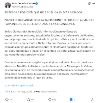 El candidato por el Pacto Histórico afirmó que puso a disposición de las autoridades la información sobre acciones que afecten la transparencia de los comicios del 31 de mayo de 2026 - crédito @IvanCepedaCast/X