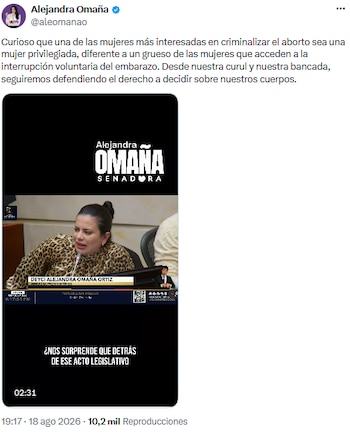 Alejandra Omaña cuestiona a legisladores detrás de iniciativa antiaborto - crédito @aleomanao/X