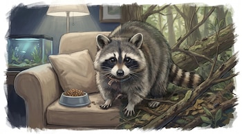 Ilustración de un mapache con un collar, mitad en un sofá con un tazón de comida y un acuario, mitad entre ramas con hojas e insectos.