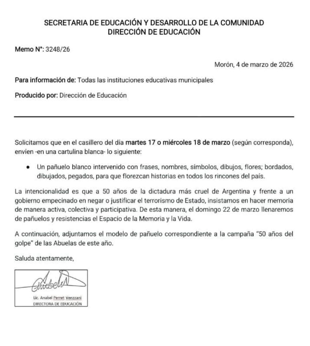 El supuesto memo de la Secretaría de Educación de Morón pidiendo a las instituciones educativas que envíen pañuelos blancos intervenidos para conmemorar los 50 años de la dictadura argentina y llenar el Espacio de la Memoria y la Vida