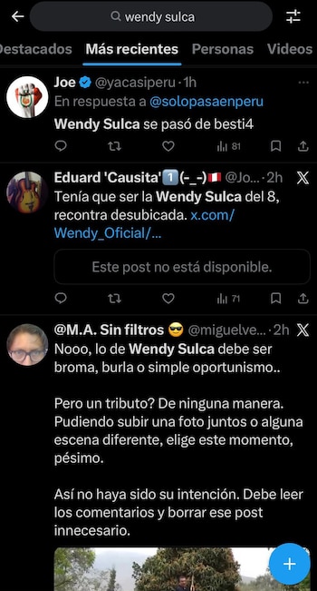 Interfaz de la aplicación de Twitter con el término de búsqueda 'wendy sulca' y varios tuits en la sección 'Más recientes' criticando a la artista