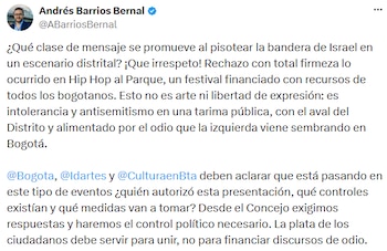 Andrés Barrios Bernal sobre presentación de Chelo Hop en Hip Hop al Parque - crédito @ABarriosBernal/X