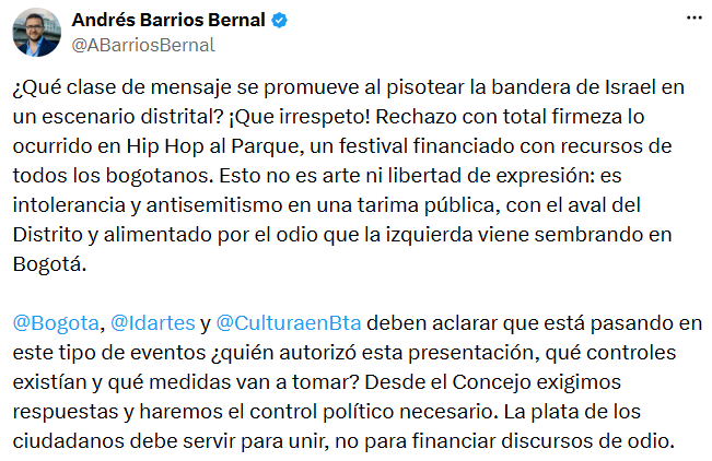 Andrés Barrios Bernal sobre presentación de Chelo Hop en Hip Hop al Parque - crédito @ABarriosBernal/X