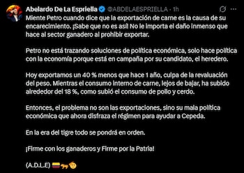Abelardo De La Espriella, candidato presidencial para las elecciones de mayo de 2026, rechazó el anuncio de Gustavo Petro sobre limitar las exportaciones de carne - crédito Abelardo de la Espriella/X