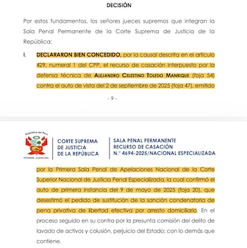 Fragmento de una resolución del Poder Judicial de Perú con líneas resaltadas en amarillo sobre el proceso penal a Alejandro Toledo