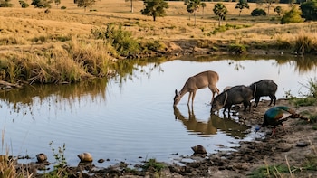 Un venado, dos pecaríes y un pavo silvestre beben agua en una laguna. En primer plano, dos caracoles; al fondo, pastizales dorados y árboles dispersos