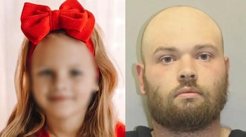 La imagen muestra a una niña de cabello rubio con un lazo rojo y el rostro borroso, junto a un hombre calvo con barba.