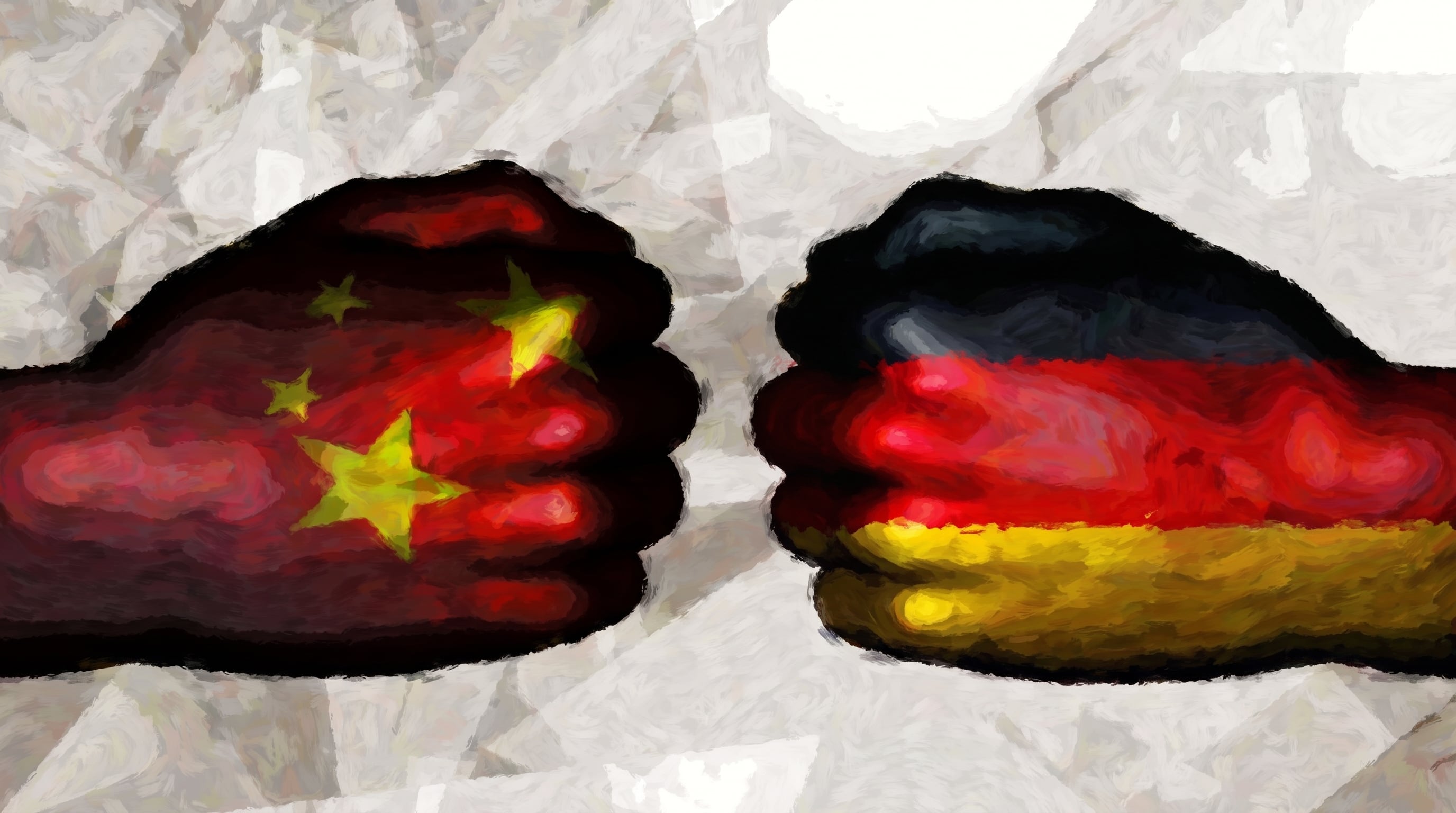 Dos puños cerrados pintados con las banderas de China y Alemania se enfrentan sobre un fondo neutro para graficar la rivalidad política y comercial entre ambas naciones. (Imagen Ilustrativa Infobae)