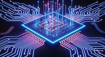 Ilustración fotorrealista de un chip CPU moderno sobre un fondo oscuro, con luces de neón azules y púrpuras que emanan de sus circuitos.