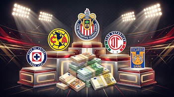 Un podio de tres niveles con los logos de Club América, Guadalajara, Toluca, Cruz Azul y Tigres. Billetes de euro apilados en el centro.