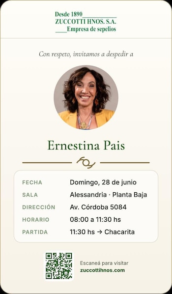 El velorio a Ernestina Pais se producirá este domingo