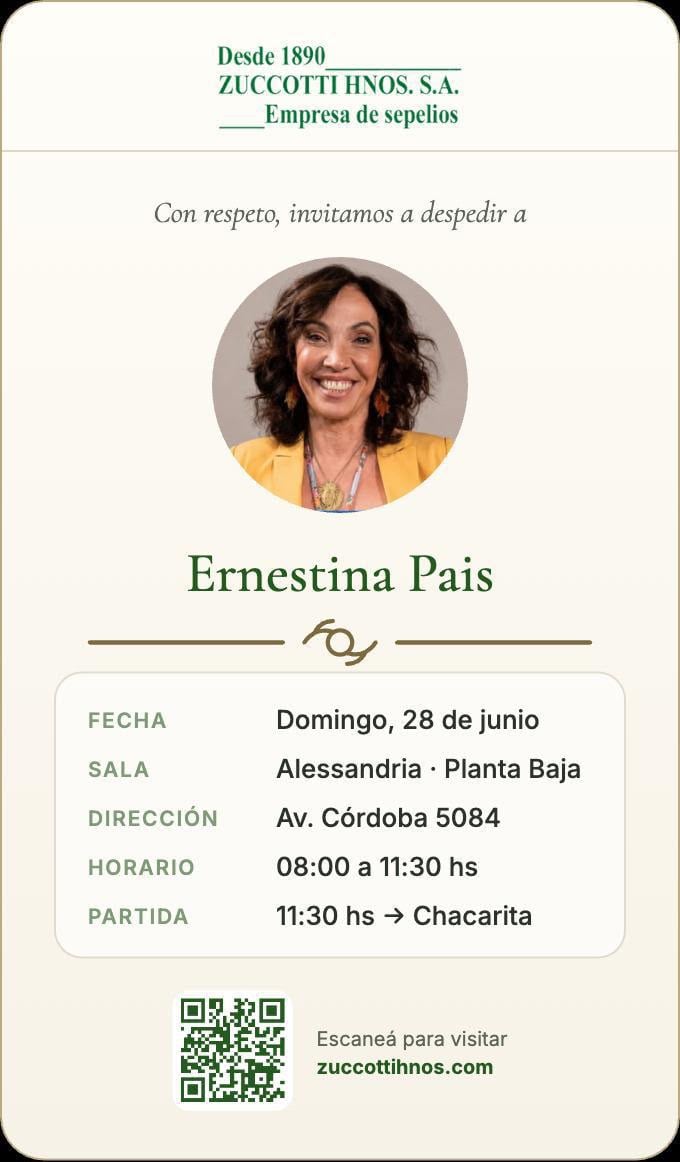 El velorio a Ernestina Pais se producirá este domingo