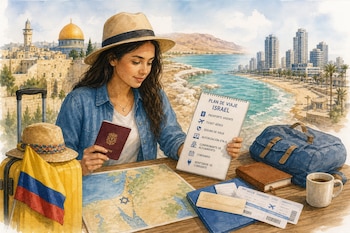 Una mujer sostiene un pasaporte y una lista de viaje junto a un mapa, una maleta con la bandera de Colombia y paisajes de Israel.
