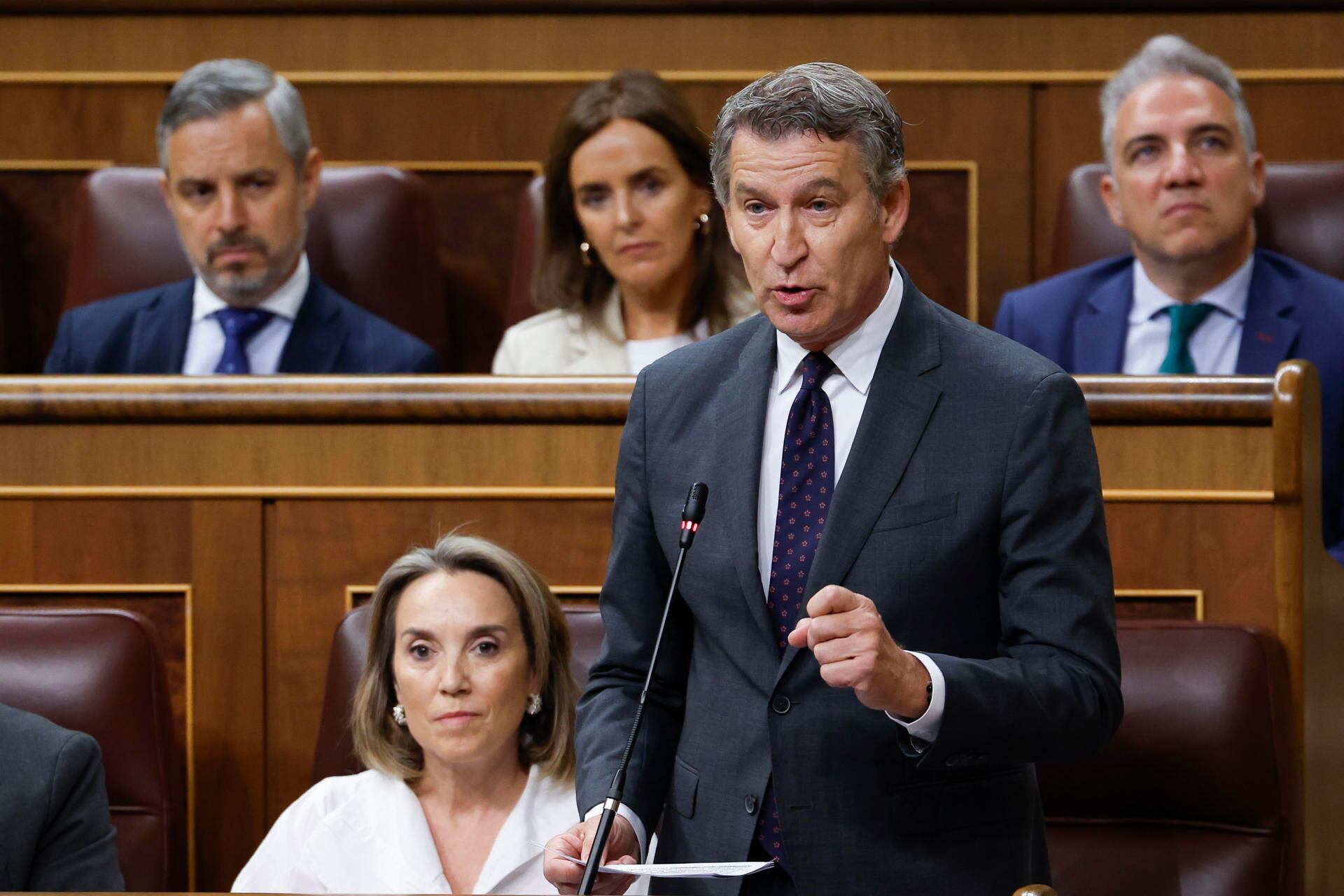 El líder del Partido Popular, Alberto Núñez Feijóo, interpela al presidente del Gobierno, Pedro Sánchez, durante la sesión de control al Gobierno, en el Congreso de los Diputados. (EFE/ Javier Lizón)