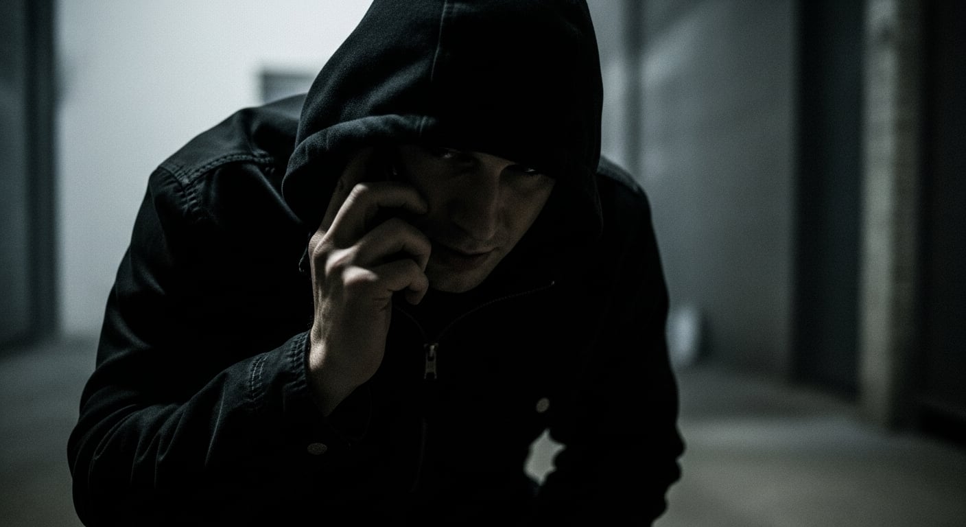 Un hombre con capucha, miembro de una banda criminal, habla discretamente por su teléfono móvil en un entorno oscuro y sombrío. (Imagen Ilustrativa Infobae)