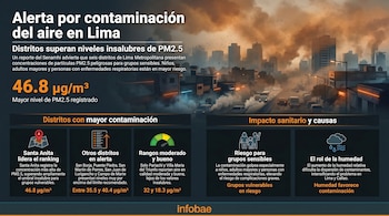Infografía que muestra una ciudad con edificios y tráfico vehicular, envuelta en una densa nube de smog marrón y partículas aéreas.