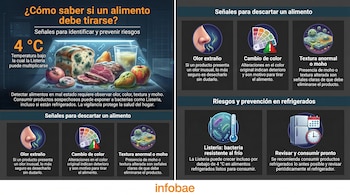 Infografía con alimentos deteriorados (pan con moho, carne, frutas) en refrigerador a 4°C. Muestra iconos de olor, color, textura, bacteria Listeria y nevera con calendario.