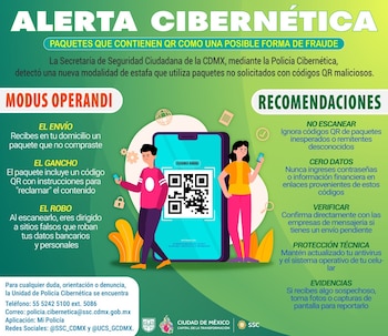 Infografía en tonos verdes y amarillos sobre alerta cibernética. Muestra dos figuras humanas con teléfonos, un smartphone grande con un código QR y texto explicativo
