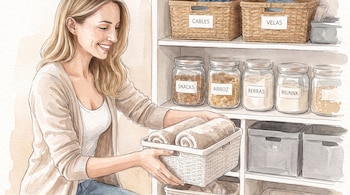 Ilustración de una mujer de cabello claro colocando una cesta en un estante con frascos y cajas con etiquetas.
