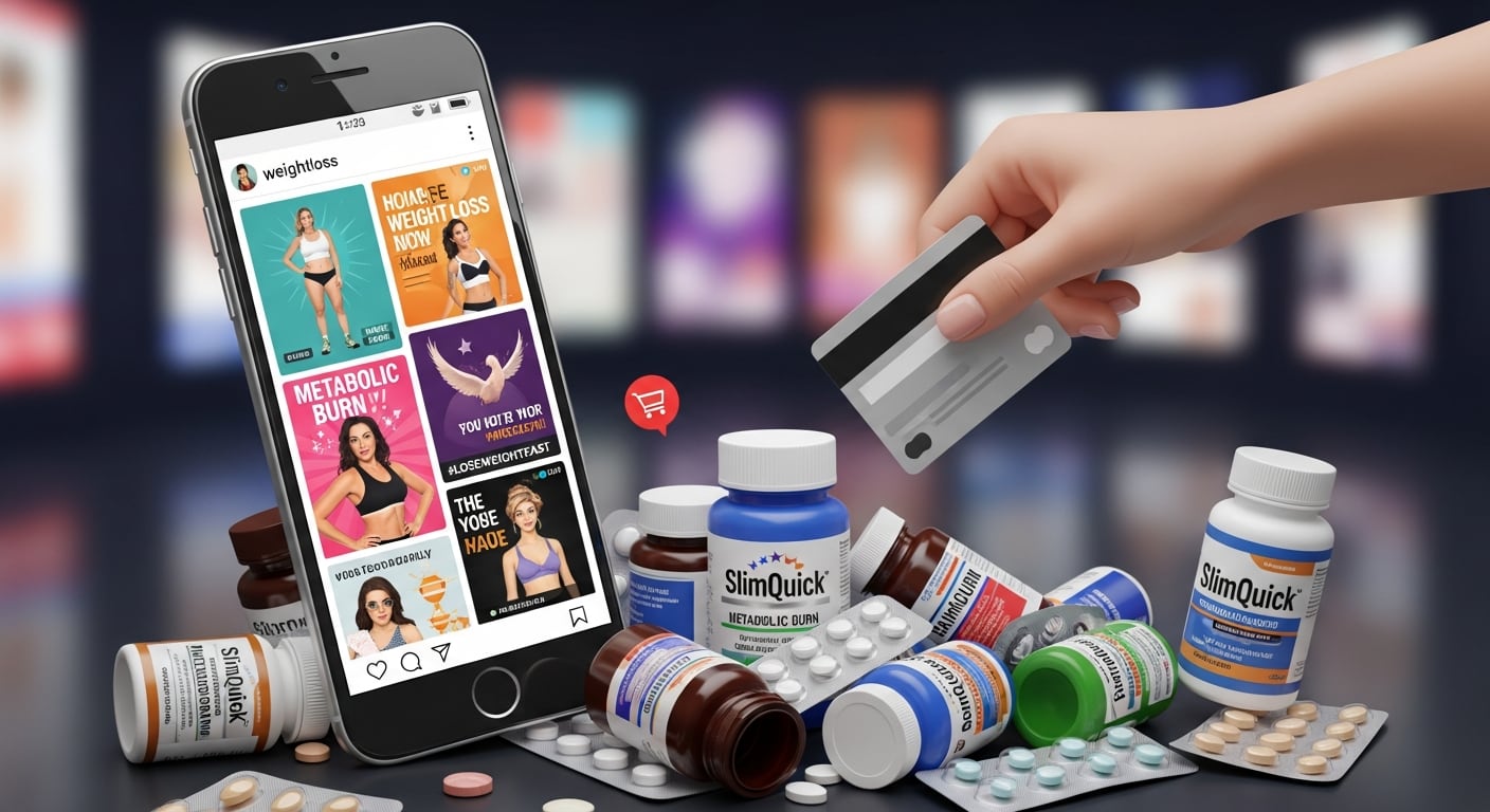 Una representación visual muestra cómo las redes sociales impulsan el consumo no regulado de medicamentos para perder peso, con una mano usando una tarjeta de crédito para comprar pastillas. (Imagen Ilustrativa Infobae)