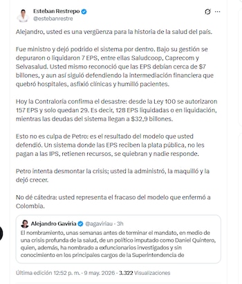 El exsecretario de Gobierno de Medellín Esteban Restrepo criticó la gestión de Alejandro Gaviria como ministro de Salud - crédito @estebanrestre/X