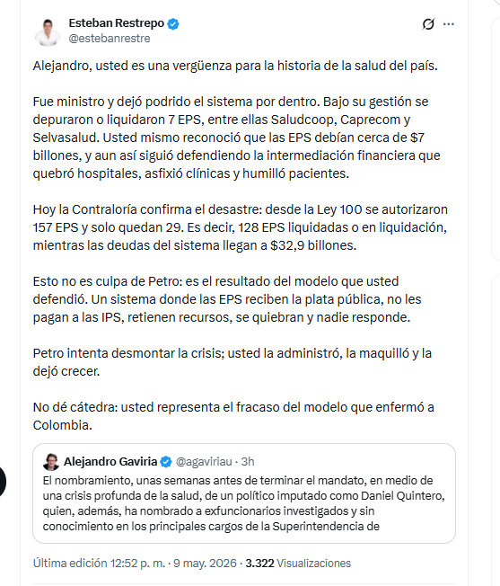 El exsecretario de Gobierno de Medellín Esteban Restrepo criticó la gestión de Alejandro Gaviria como ministro de Salud - crédito @estebanrestre/X