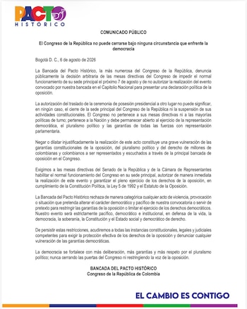 El Pacto Histórico denunció la presunta violación de los derechos de la oposición por parte de las mesas directivas del Congreso - crédito @PactoCol/X