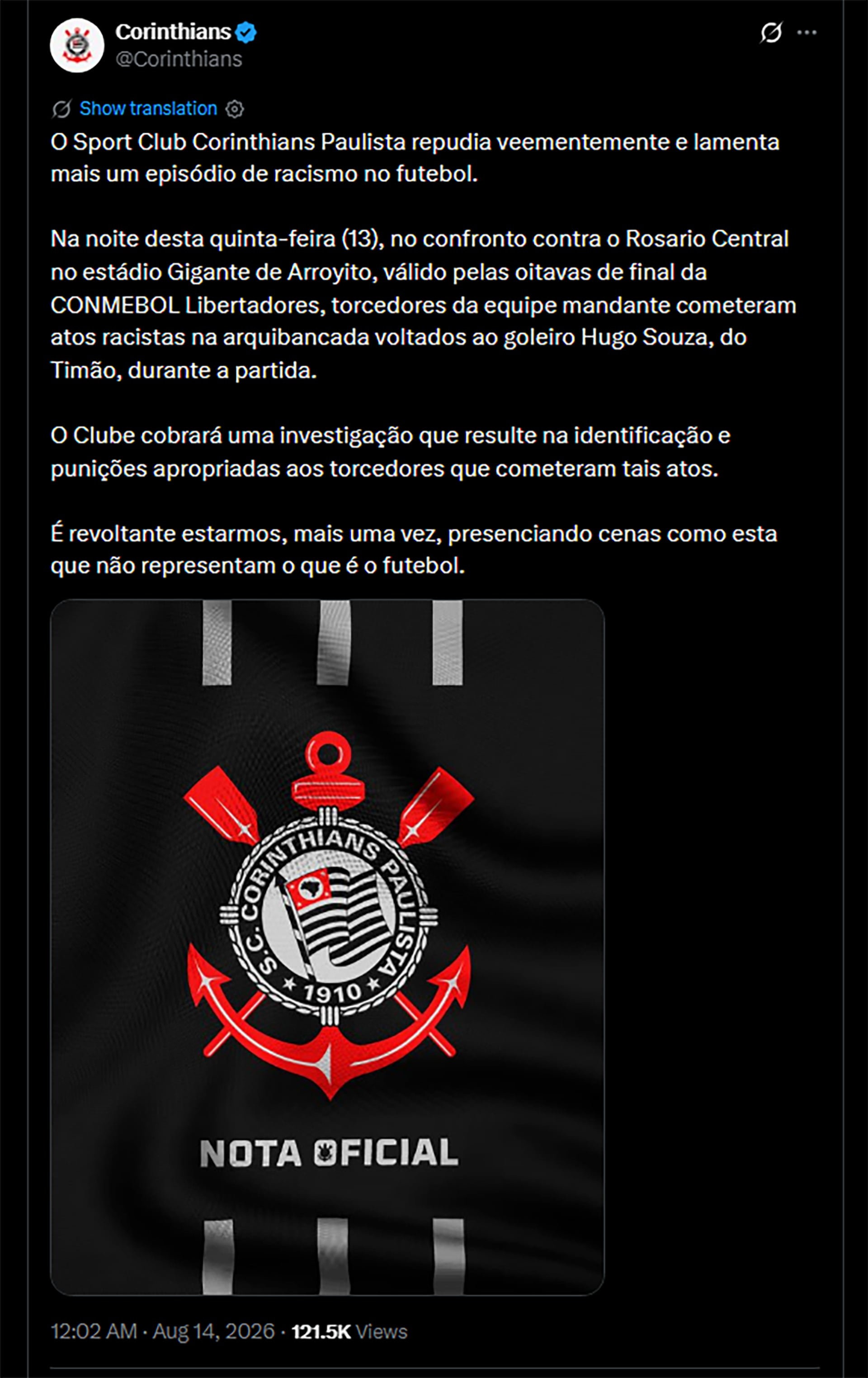 Corinthians publicó una declaración oficial repudiando actos racistas cometidos en el partido por la Copa Libertadores