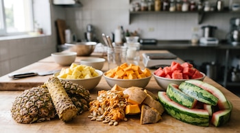 Cuencos con trozos de ananá, calabaza y sandía junto a sus cáscaras, semillas y cortezas sobre una mesa de madera de cocina.