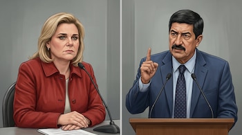 Ilustración realista de Maru Campos en saco rojo frente a un micrófono y Javier Corral en traje azul señalando, sobre fondo gris.