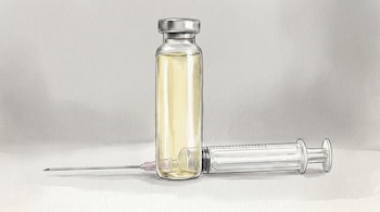 Dibujo detallado de un frasco de vidrio con líquido amarillo claro al lado de una jeringa con aguja, ambos sobre un fondo blanco y gris.