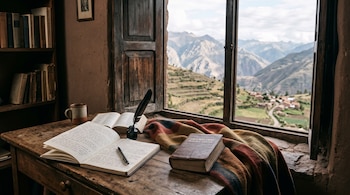 Escritorio de madera con cuadernos abiertos, pluma, tintero, libros y una manta frente a una ventana abierta hacia montañas y terrazas agrícolas.