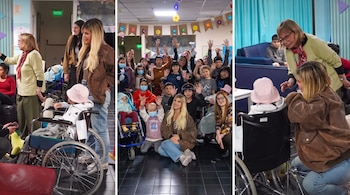 Tres imágenes de Wanda Nara con niños en silla de ruedas, adultos y personal de salud en una sala decorada con guirnaldas de papel.