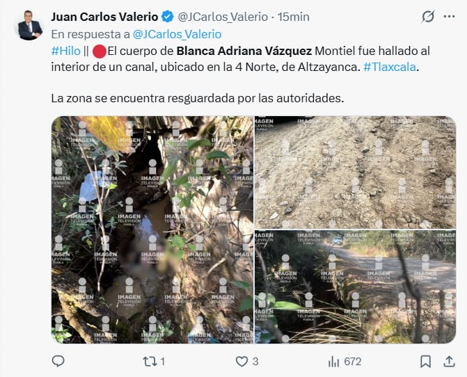 La mañana de este jueves, en X se reportó el hallazgo sin vida de una mujer de 37 años en el estado de Tlaxcala, con las mismas características de Blanca Adriana Vázquez. (X)