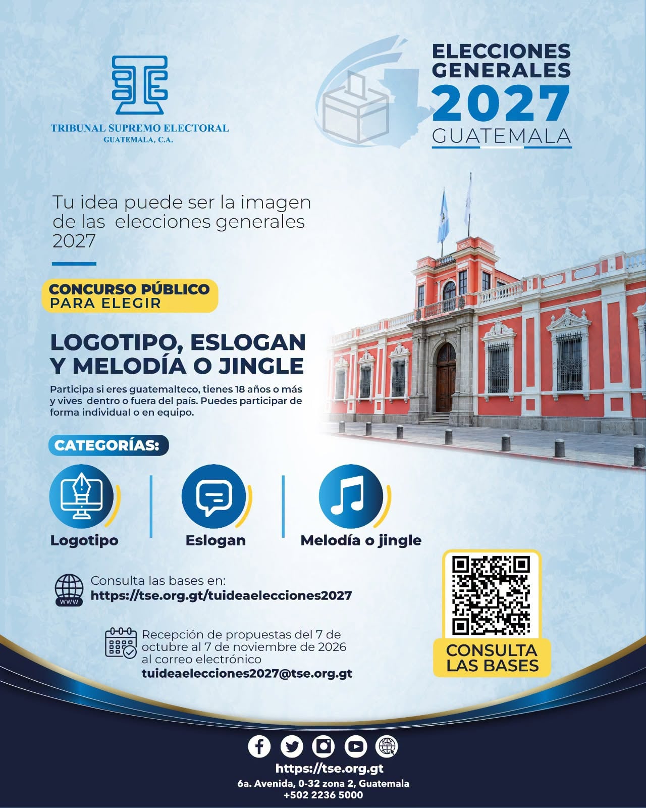 Un cartel del Tribunal Supremo Electoral de Guatemala anuncia las bases de un concurso público para diseñar la imagen institucional de las elecciones generales de 2027. (TSE de Guatemala)