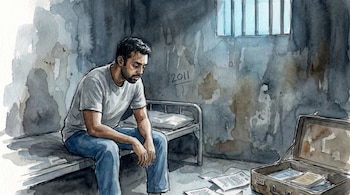 Ilustración en acuarela de Jason Puracal sentado en litera de celda. Ventana con barrotes, fecha 2011 en pared, maleta abierta y papeles en el suelo.