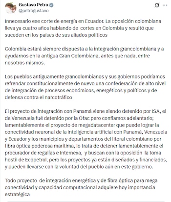 El presidente de la República sostuvo que la oposición colombiana lleva cuatro años hablando de crisis energética en el país - crédito @petrogustavo/X