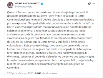 María Andrea Nieto informó que su abogado promoverá el desacato del presidente Petro por no cumplir con orden de la Corte Constitucional - crédito @MAndreaNieto/X