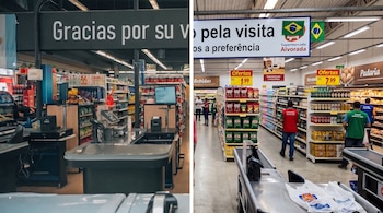 Composición con dos vistas de supermercados: una con cajas y bandera argentina, y otra con pasillos, ofertas en reales y bandera brasileña.