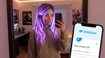 Joven modelo virtual con cabello morado y rosado se toma un selfie con un teléfono, mientras un perfil de OnlyFans aparece en otro teléfono en primer plano.