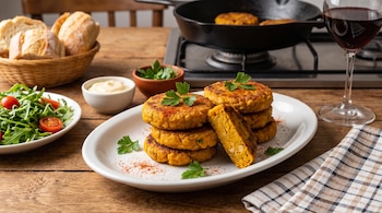 Un plato blanco contiene medallones de calabaza y garbanzos decorados con perejil y pimentón, con una ensalada, pan, salsa y vino tinto.