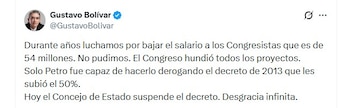 De acuerdo con Gustavo Bolívar, solo el Gobierno Petro logró disminuir esos ingresos mediante un decreto que ahora quedó suspendido - crédito @GustavoBolivar/X