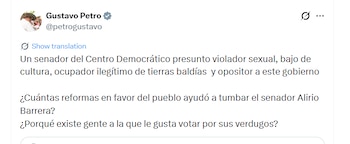 EL presidente cuestionó al senador y su papel político frente a las reformas del Gobierno - crédito @petrogustavo/X