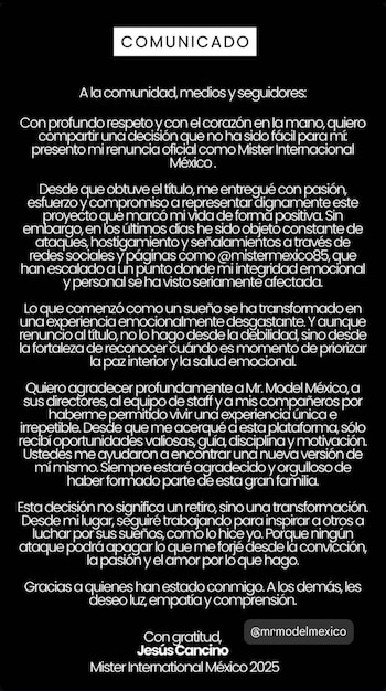 Jesús Cancino renuncia a corona