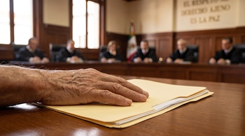 Primer plano de una mano sobre una carpeta legal amarilla con papeles en un escritorio de madera. Al fondo, borroso, un tribunal con jueces sentados.