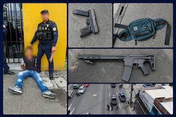 Mosaico con un hombre arrestado junto a un policía, dos armas de fuego, un bolso y una toma aérea de una calle con patrullas policiales.