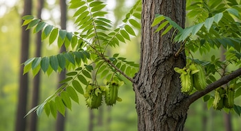 Primer plano hiperrealista de un tronco de Pterocarya con corteza rugosa, ramas con hojas pinnadas verdes y frutos alados verdes colgantes, en un bosque con luz suave.